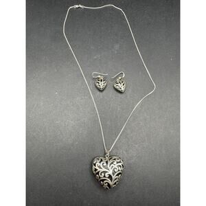 VTG Sterling Silver 925 Filigree Puffy Heart Pendant Necklace W/ Earrings Set